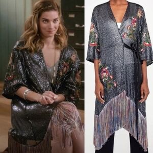 RARE Alexis Rose Zara Sequin Kimono with Floral Embroidery & Fringe L LARGE